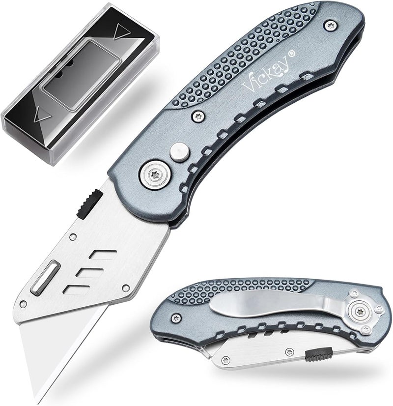 Vickay Folding Utility Knife, Box Cutter with Heavy Duty SK5 Quick Change Blades, Safety Axis Lock Design Razor Knife, Lightweight Aluminum Handle Belt Clip for Office Home Artcraft (Grey) - Image 1